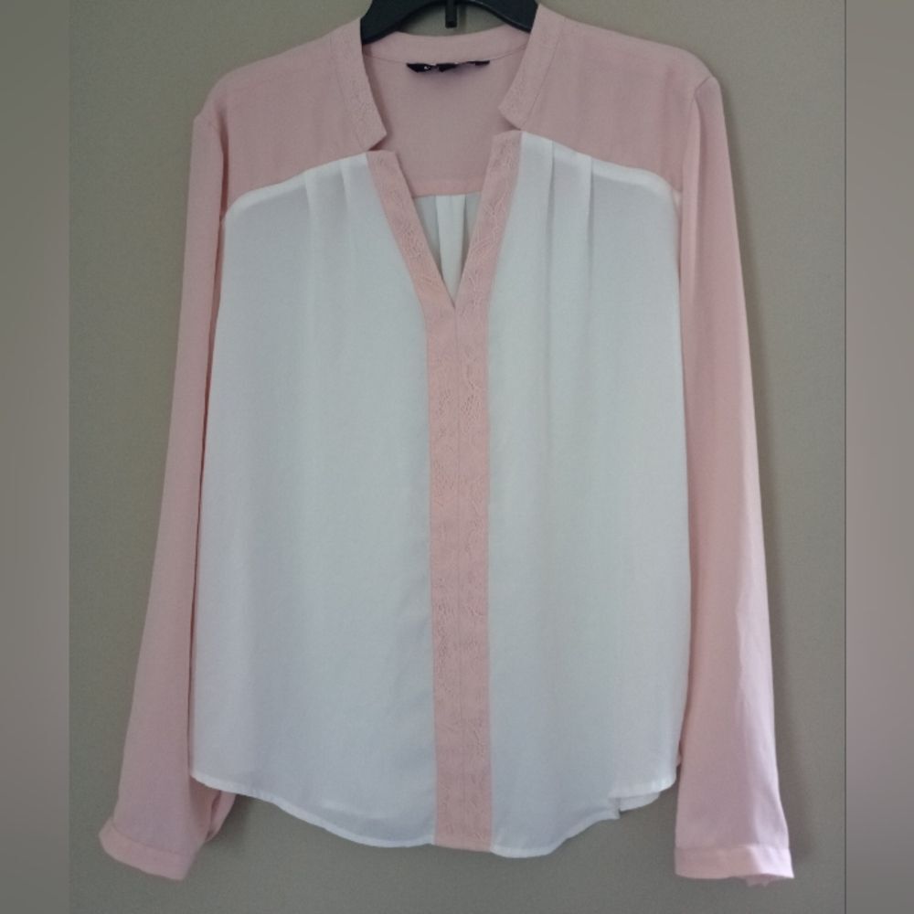 41 Hawthorn Pink White Long Sleeve Blouse Lace Trim Size XL